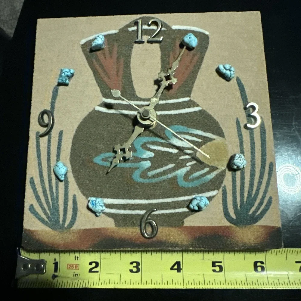 Southwestern Sand Art Wall Quartz Clock Turquoise-Look Accents Desert Pottery